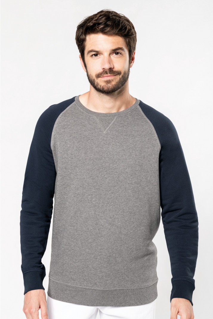 K491 - Felpa uomo BIO bicolore girocollo e manica raglan NON GARZATA